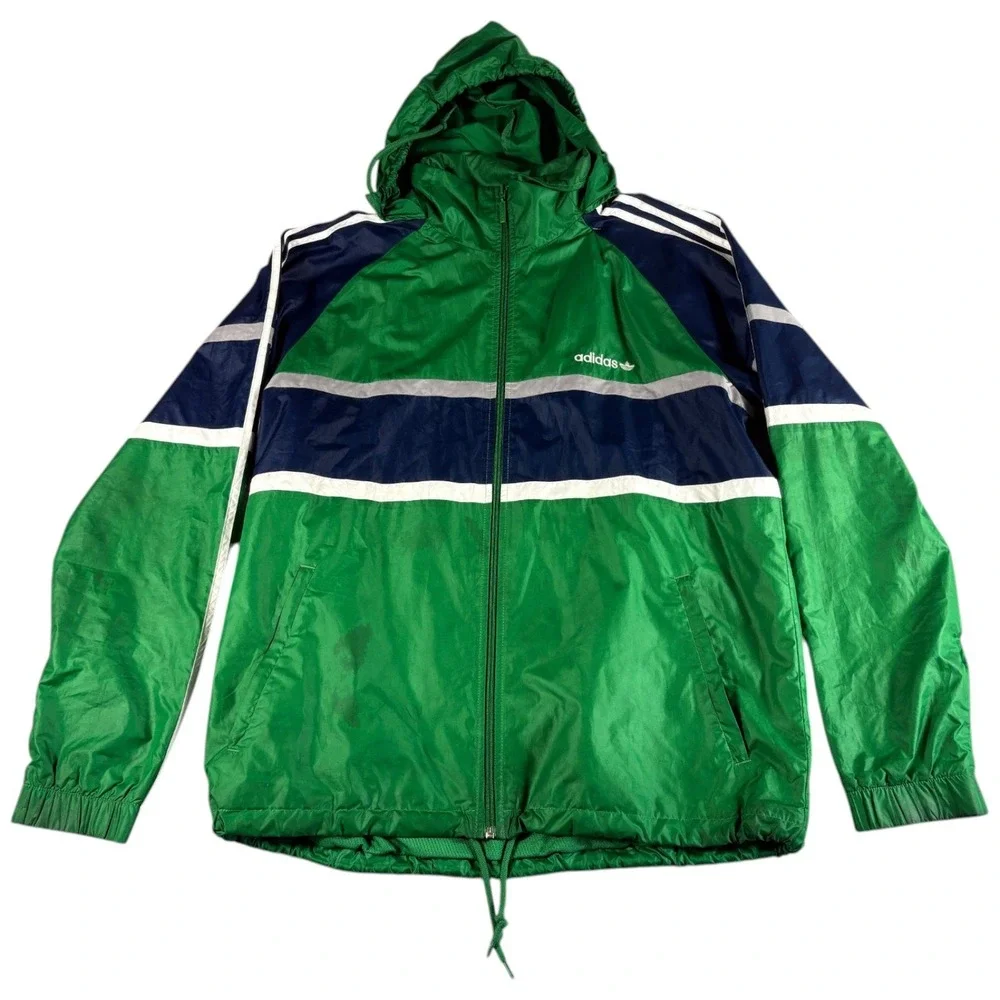 Adidas Windbreaker Jacket Mens XL Green Navy Colorblock Waterproof Hooded Zip-Up